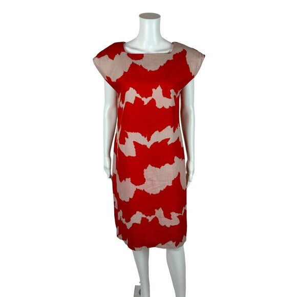Vintage 80s Sheath Dress Women's Medium Red White Artistic Faux Linen - Picture 3 of 11